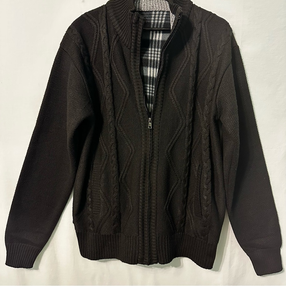 Unbranded Black Cable Knit Cardigan Sweater Lined Mens Size Large Full Zip